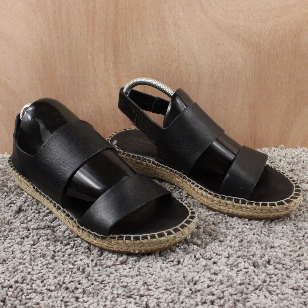 Cole Haan Espadrille Sandals Womens Black Leather Casual Summer Shoes - Picture 2 of 13
